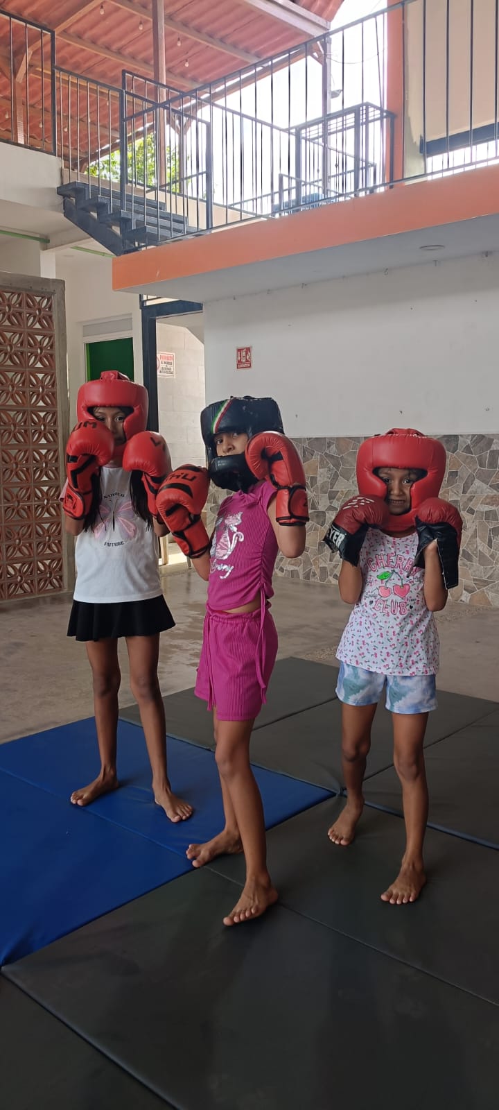 Children wearing protective equipment in martial arts class